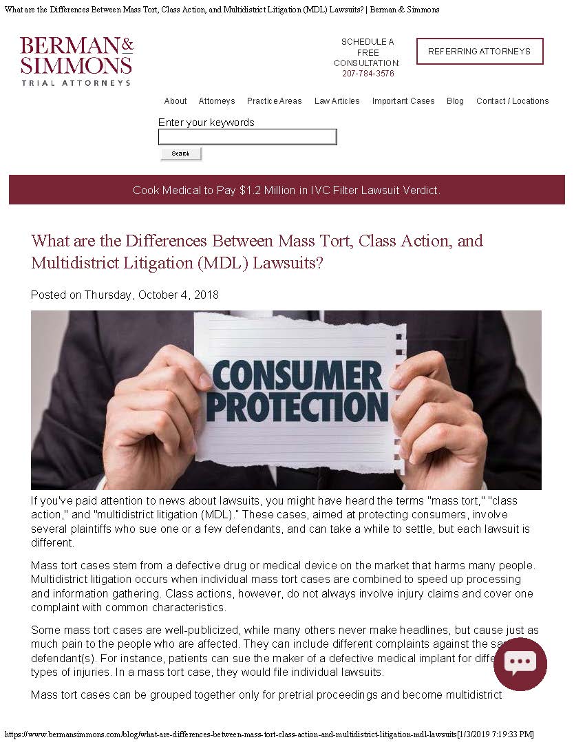 Mass Torts, Class Actions, & MDL article by law firm copywriter Michelle Troutman