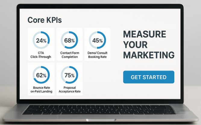 A laptop screen with KPI dashboard: CTR, form completion, demo bookings, bounce, and proposals.