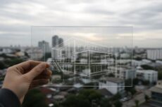A hand holds a transparent panel with architectural blueprints, symbolizing a clear brand messaging strategy. That's 108 characters. The architectural drawing framed against a cityscape works naturally as a visual metaphor for strategic planning and structure, which ties the keyphrase in without forcing it.