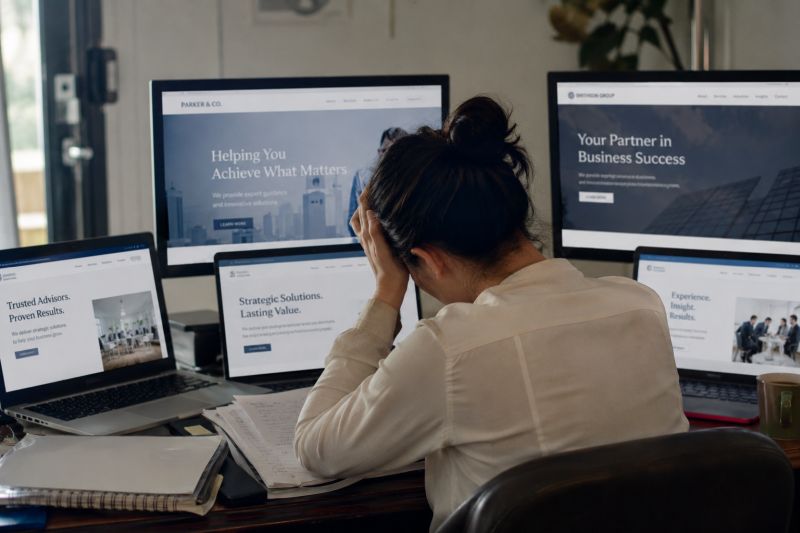 An exhausted woman at desk overwhelmed by multiple screens of professional services branding websites.