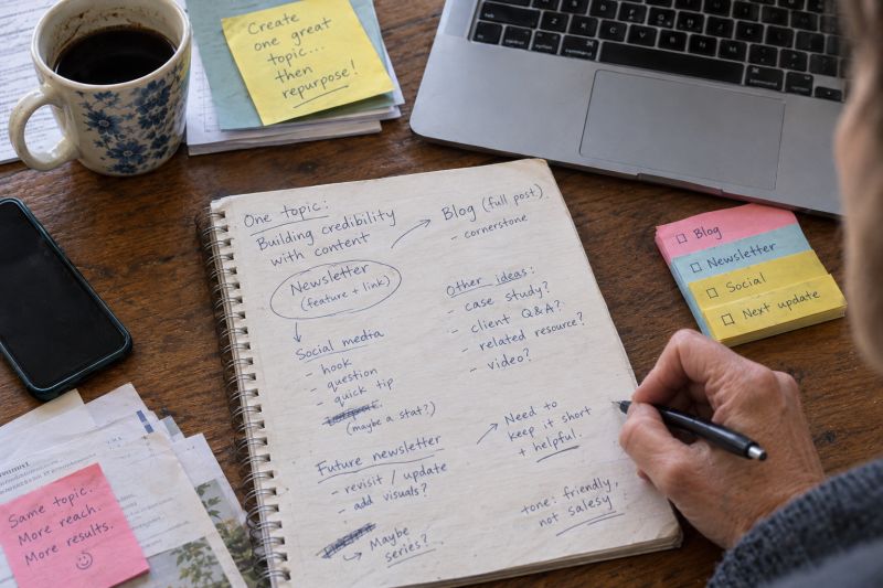 Someone at a desk surrounded by a coffee cup, a laptop, and Post-It Notes developing a newsletter content strategy in a notebook.
